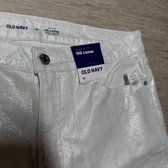 Old Navy White Metallic High Rise OG Loose Secret Smooth Pockets Jeans 12 NWT - Picture 2 of 8